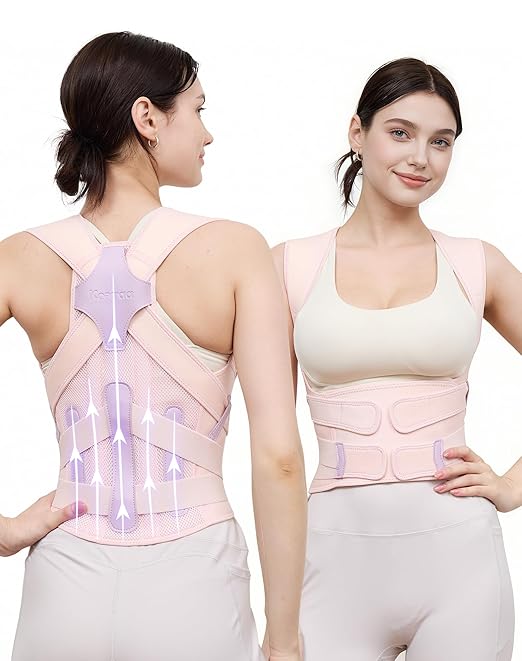 Posture Corrector for Women and Men, Full Back Support Brace, Adjustable Shoulder Straightener, Improving Posture, Relief Upper and Lower Back, Neck Pain, Pink, Medium