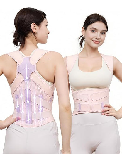 Posture Corrector for Women and Men, Full Back Support Brace, Adjustable Shoulder Straightener, Improving Posture, Relief Upper and Lower Back, Neck Pain, Pink, Medium