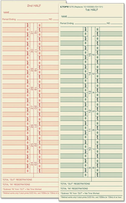 TOPS Time Cards, Semi-Monthly, 2-Sided, 3-1/2" x 10-1/2", Manila, Green/Red Print, 500-Count (1276)