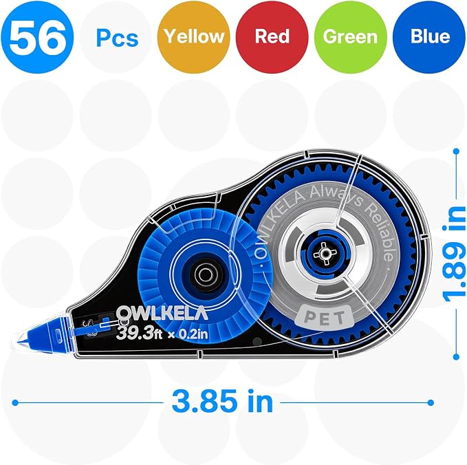 OWLKELA 56Pcs Correction Tape, 39.3 Ft, Colored core