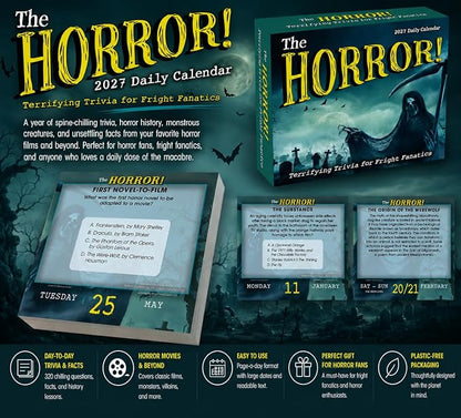The Horror! 2027 Daily Desk Calendar: Boxed Page-a-Day Scary Movie & Trivia Calendar with Day-to-Day Frightening Facts for Horror Fans & Fright Fanatics