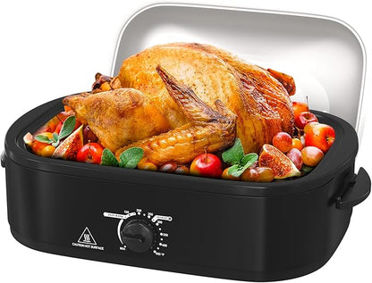 14 Quart Roaster Oven with Self-Basting Lid, with Removable Roasting Rack, Turkey Defrost & Warm Function, Adjustable Temperature, Stainless Steel, Black
