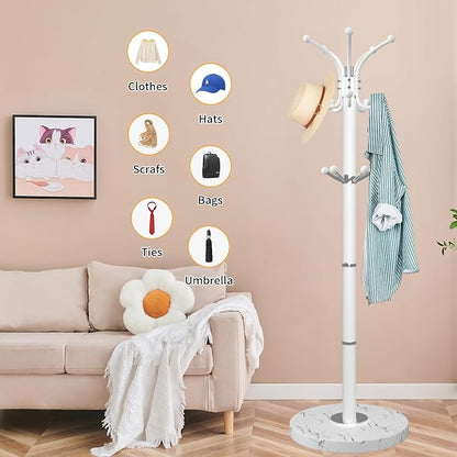 ZOZOE Metal Coat Rack Stand, Modern Coat Rack Freestanding with Natural Marble Base, 360° Rotary Design Coat Racks with 14 Hooks,White Coat Tree Hanger Stand for Bags,Hats,Entryway,Office