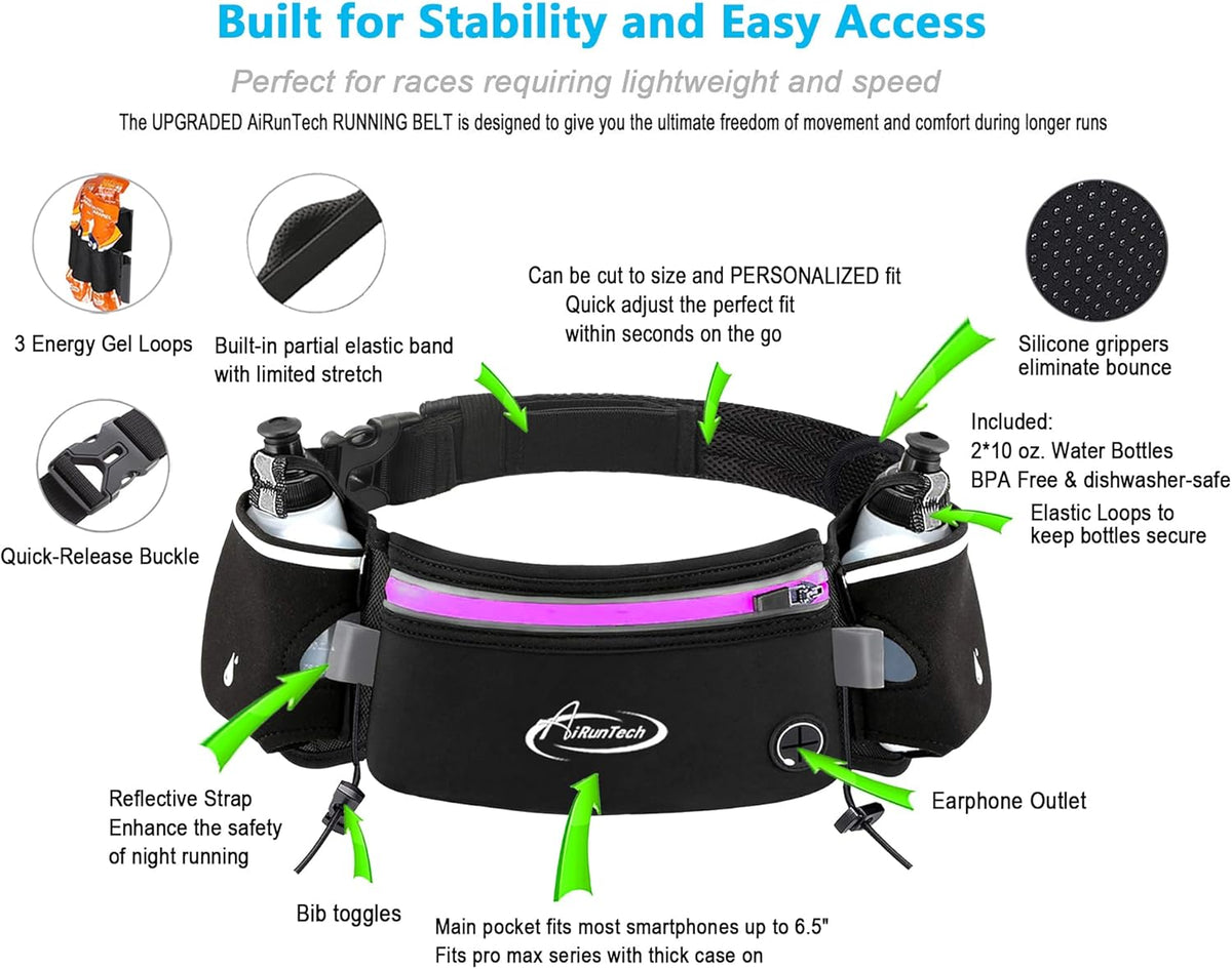 AiRunTech Hydration Running Belt with Water Bottle, Running Fanny Pack for Phone and Wallet Holder, Running Bag Runners Essentials Accessories Marathon Triathlon Walking Jogging Gear Gift