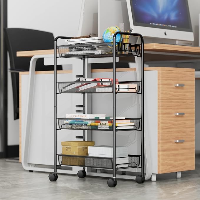 OVICAR 4 Tier Mesh Wire Rolling Cart, Kitchen Storage Organizer Utility Cart, Full Metal Basket Storage Art Trolley Carts with Wheels & 4 Side Hooks