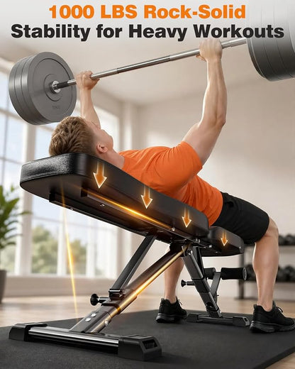 AIRHOP Foldable Workout Bench, 90° to -30° FID Weight Bench for Home Gym | Backrest, Seat, Leg Bar Adjustable, MAX 1000 LBS, 8-Pos Backrest, 3-Pos Seat, 4-Level Leg Support, 19.4" Extended Base Stable