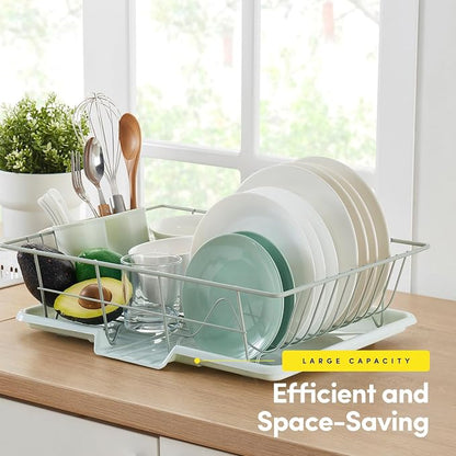 Sweet Home Collection Space-Saving 3-Piece Dish Drainer Rack Set: Efficient Kitchen Organizer for Quick Drying and Storage - Includes Cutlery Holder and Drainboard - Maximize Countertop Space, Mint