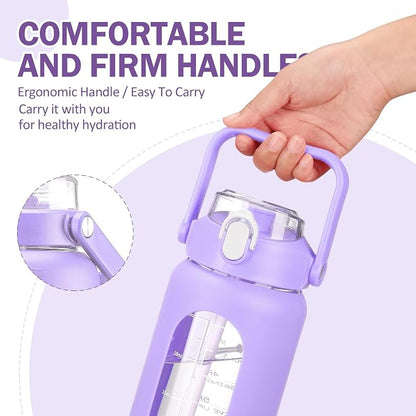 42oz Glass Water Bottles with Straw, Motivational Glass Bottle with Silicone Sleeve and Time Marker, Leakproof Large Glass Water Jug for Gym Home Office,Purple