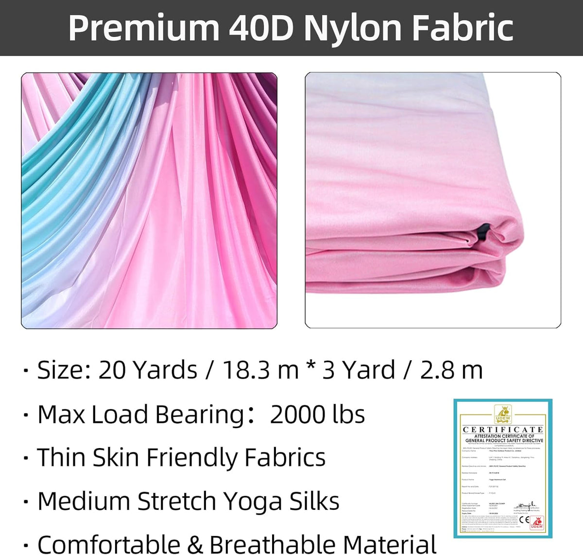 PRIOR FITNESS Aerial Silks Kit Colorful 9/15/20 Yards 40D Nylon Fabric Hammock Set With Hardware & Guide for All Levels Of Aerial Yoga Practice and Acrobatic Flying For Adults Aerial silk