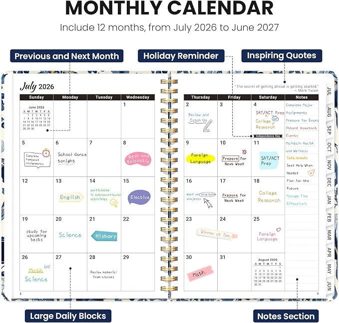 Planner 2026-2027, Academic Year Monthly & Weekly Planner Caledndar, July 2026 - June 2027, Hardcover Large Planning Agenda Book with Tabs for School Office Supplies, 6.3" x 8.5" - Blue Heirloom