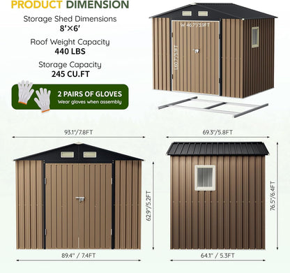 Breezz 8X6FT Outdoor Steel Storage Shed with Frame Floor,Clear Window, Lockable Doors, Weather-Resistant Metal Tool Shed for Garden, Backyard, Patio, and Utility Storage Brown
