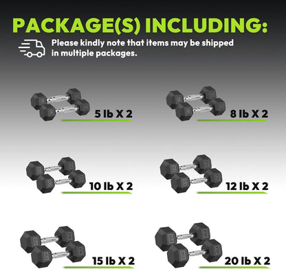 Hex Dumbbell 45-480 lb Set, Rubber Encased Exercise & Fitness Dumbbells for Home Gym, Hand Weights for Strength Training