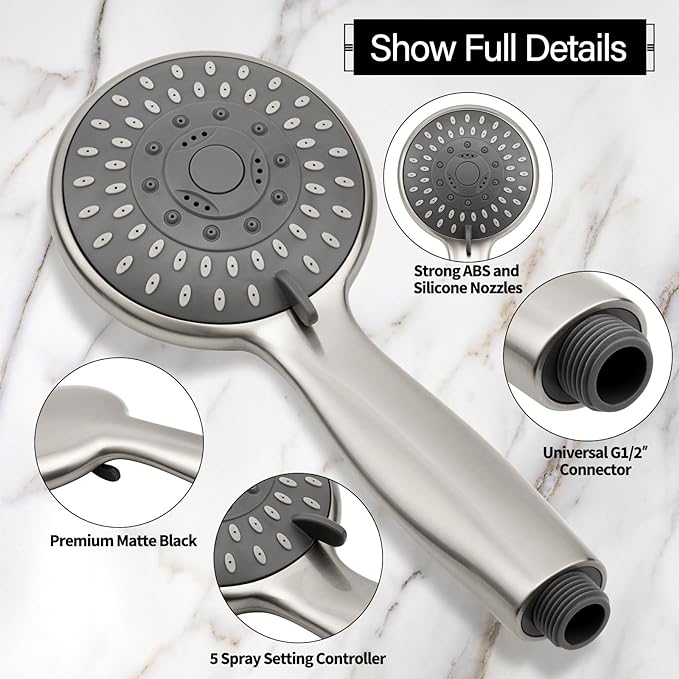 Briout Shower Head with Handheld, 5-Settings Showerhead High Pressure Powerful Water Spray Shower Head Set with 59 Inch Stainless Steel Hose and Bracket, Brushed Nickel