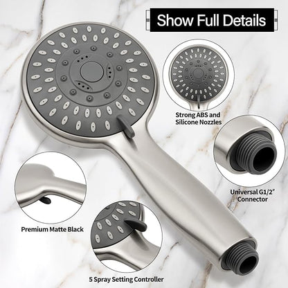 Briout Shower Head with Handheld, 5-Settings Showerhead High Pressure Powerful Water Spray Shower Head Set with 59 Inch Stainless Steel Hose and Bracket, Brushed Nickel