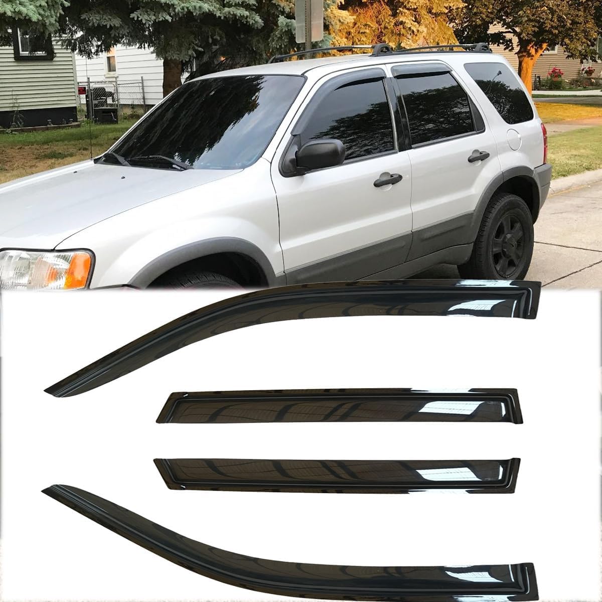 4pcs Shatterproof Outside Mount Style Sun Rain Guard Stylish Side Window Wind Deflectors Dark Smoke Vent Window Visors fit for 01-12 Escape 08-11 Mazda Tribute 05-11 Mercury Mariner 94059