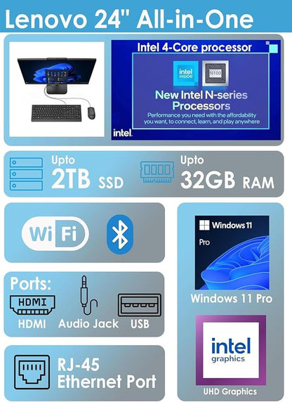 Lenovo A100 24" IPS FHD All in One Desktop Computer | Intel Core i3-N305 CPU (8 Cores) | 16GB RAM, 512GB PCIe SSD | WiFi 6, Bluetooth 5.2, HDMI | Windows 11 | Cloud Grey | UHD Graphics