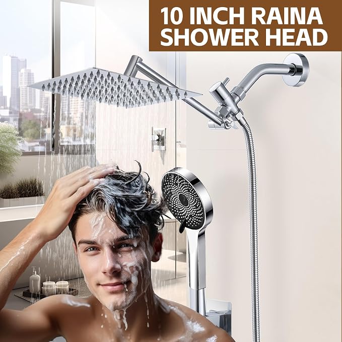 Shower Head,10”Rain Shower Head with Handheld Spray Combo and Adjustable Extension Arm/3-Way Flow Regulator/Shower System,High Pressure Rain Fall Hose,Chrome