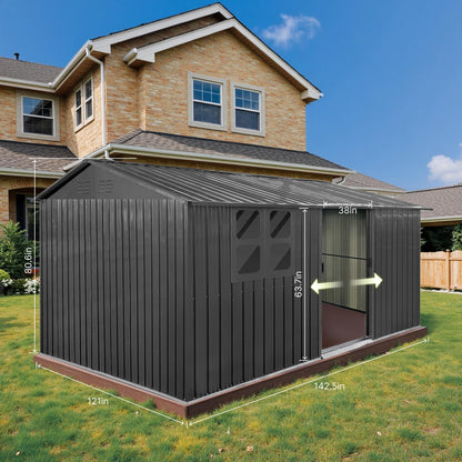 12x10 Ft Storage Shed Outdoor, XL Permanent Steel Building with Window, Sliding Doors and 4 Air Vents for Backyard Garden Patio Lawn - Black