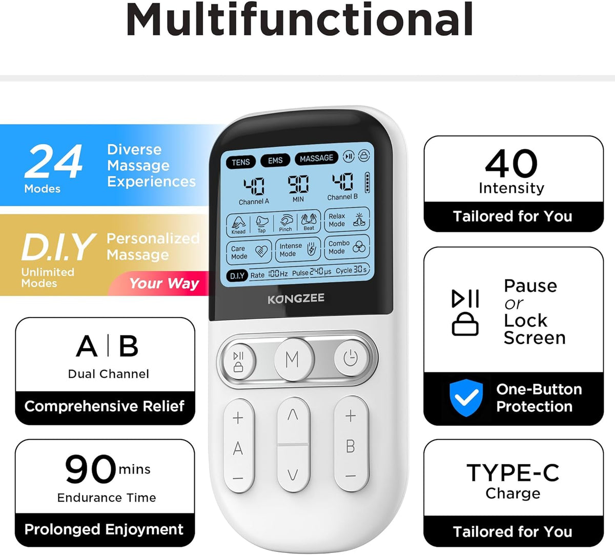 4 in 1 - D.I.Y & Tens Unit & EMS & Massage Muscle Stimulator, Dual Channel TENS Units Therapy Machine for Pain Relief, FDA Cleared Rechargeable Electronic Pulse Massager, with 12pcs Electrode Pads.