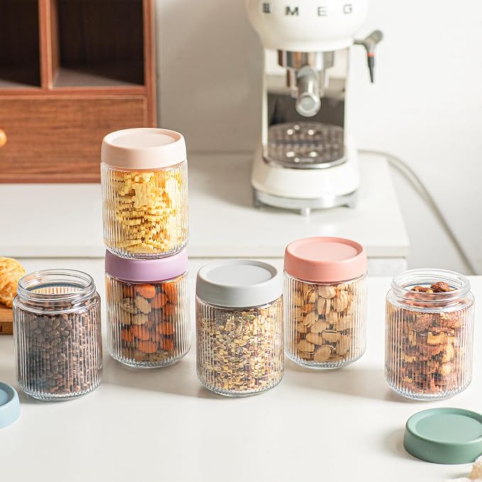 INSETLAN 16oz Glass Overnight Oats Containers with Lids – 6 Pack, Ribbed Glass Mason Jars for Meal Prep, Glass Food Storage Containers for Chia Pudding, Yogurt, Snacks, Fruit & Vegetables, Milk