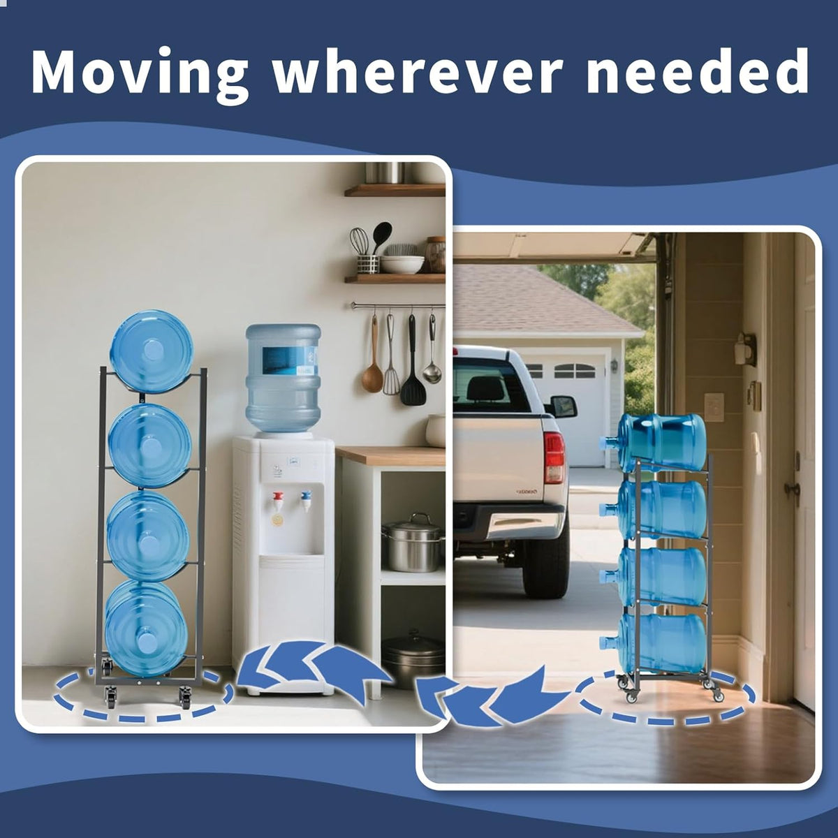 5 Gallon Water Bottle Holder: 4 Tier 5gal Water Jug Storage Rack with 4 Wheels for Home Kitchen Garage - Space Saving & Black
