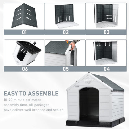 LEMBERI Durable Waterproof Plastic Dog House for Small to Large Sized Dogs, Indoor Outdoor Doghouse Insulated Puppy Shelter with Elevated Floor, Easy to Assemble (Gray, 34''L*31''W*32''H)