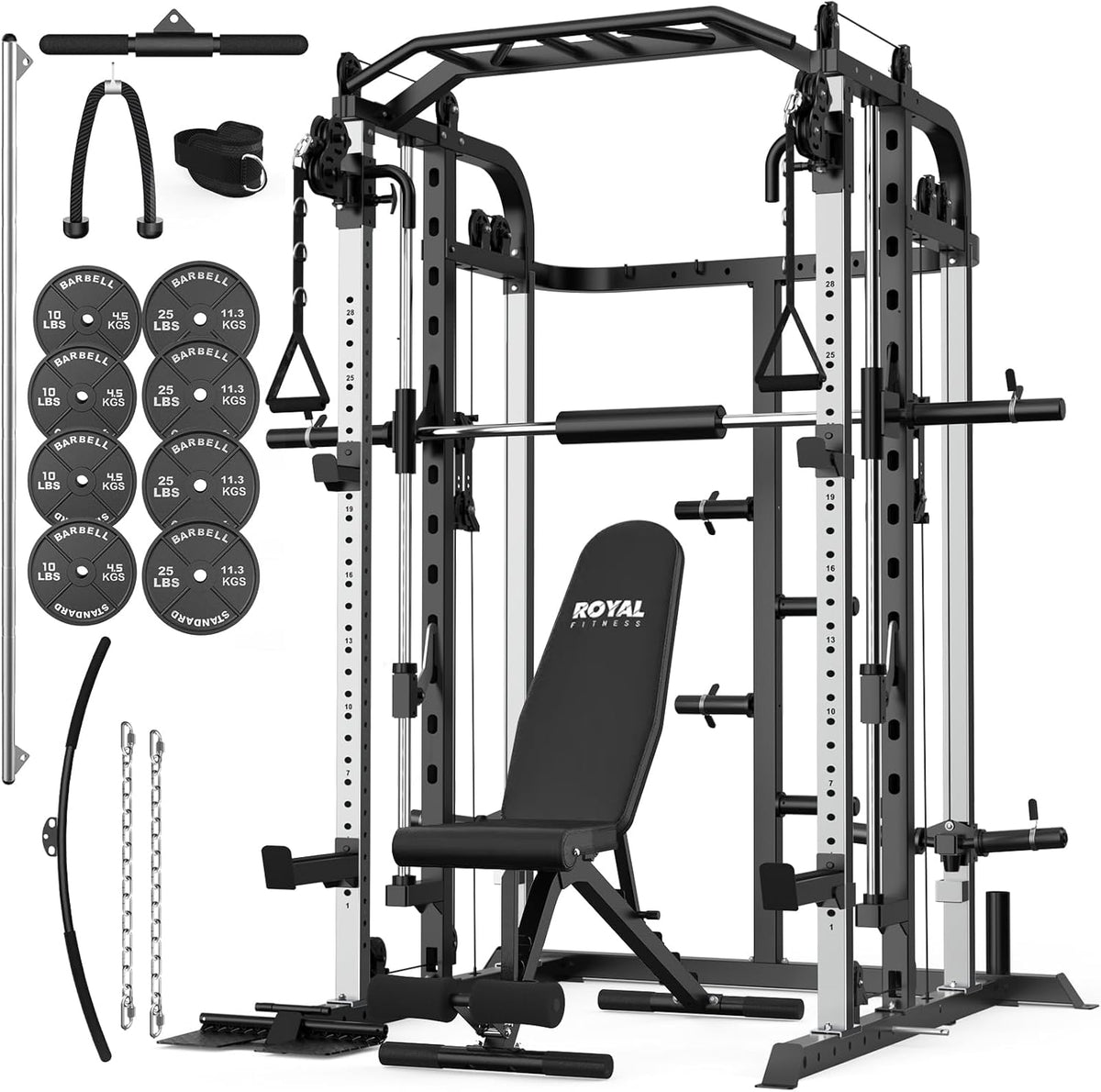 Smith Machine, Multifunctional Power Cage Rack with Smith Bar and Cable Pulley System, and LAT Pull Down Machine for Home Gym…