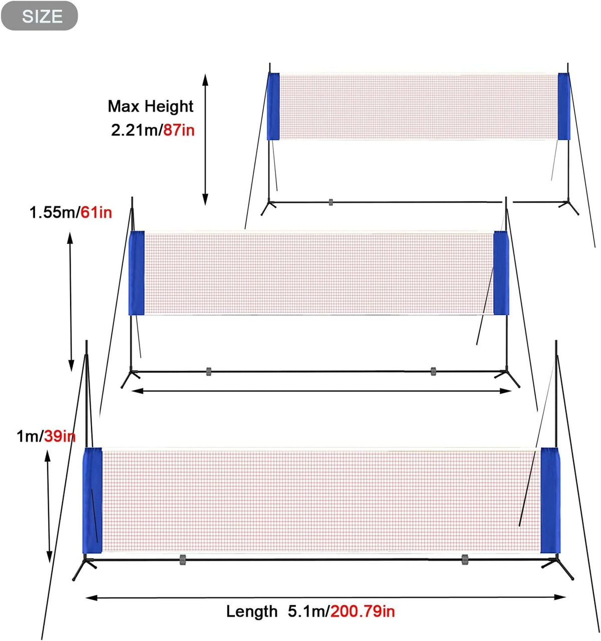 Portable Height Adjustable Badminton Volleyball Tennis Net Set Multi-Purpose Sports Equipment with Poles Stand and Carry Bag for Kids Adult Outdoor Exercise
