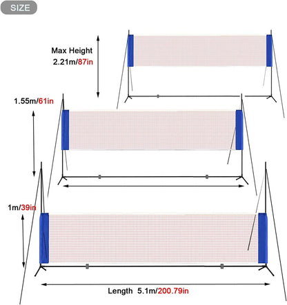 Portable Height Adjustable Badminton Volleyball Tennis Net Set Multi-Purpose Sports Equipment with Poles Stand and Carry Bag for Kids Adult Outdoor Exercise