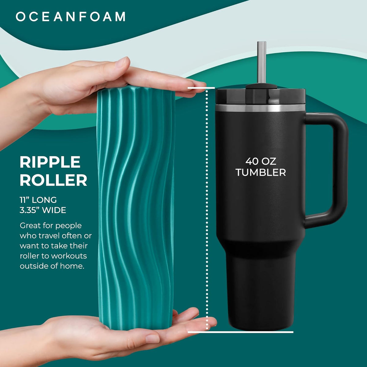 Oceanfoam Ripple Travel Foam Roller (11" x 3.35") Firm Mini Foam Roller for Physical Therapy, Deep Tissue Massage, Back Pain - High Density, Ergonomic Wave Textured - Yoga, Pilates, Exercise (Jade)