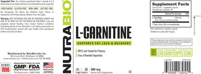 NutraBio L-Carnitine Capsules – Fat Burner for Energy, Endurance & Recovery – Boost Fat Metabolism, Support Weight Loss & Workout Performance – Amino Acid Supplement- 500mg, 90 Capsules