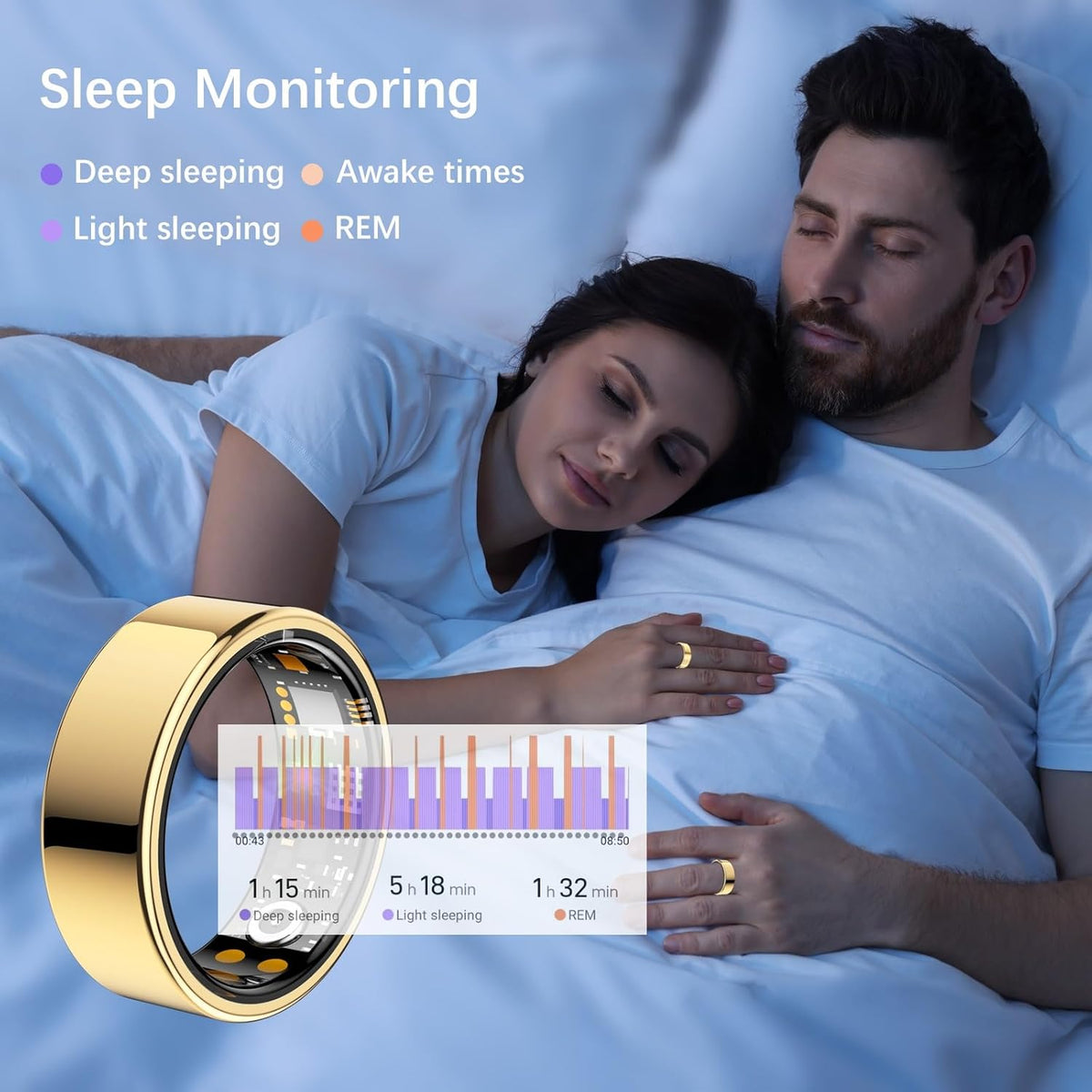 Ring Health Tracker for Women Men, Fit Ring with Heart Rate, Blood Oxygen, Sleep Monitor, Calories, Step Counter, IP68 Waterproof Smart Ring for iPhone & Android, No Subscription Fee (Gold, 6#)