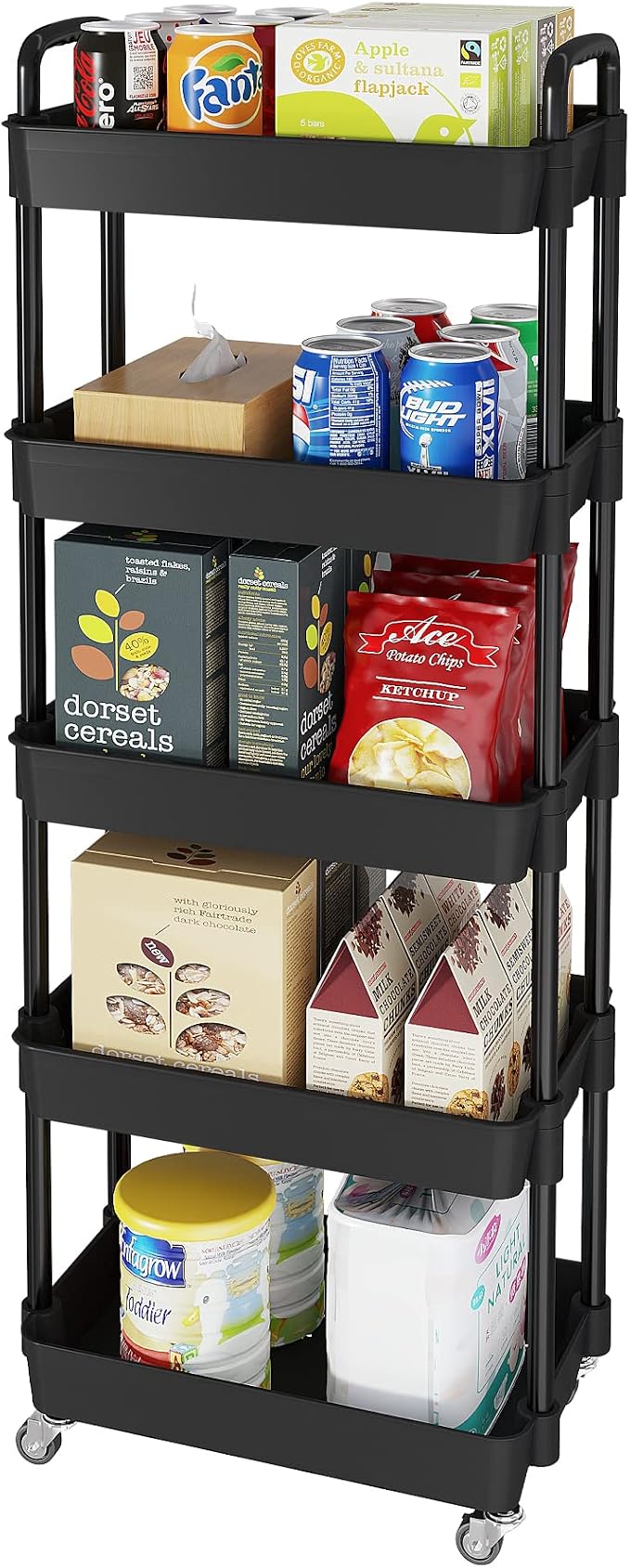 Laiensia Multifunction Utility Rolling Cart, 5-Tier Plastic & Metal Storage Organizer, Black, Lockable Wheels, Modern Style, Indoor Use