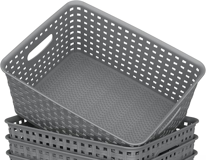 WYT Weave Storage Organizer Baskets, Grey 6-Pack Plastic Woven Baskets, 10.1" x 7.55" x 4.1"