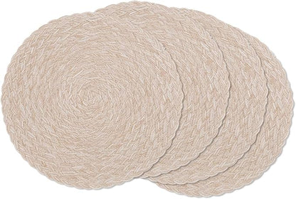 SHACOS Round Braided Placemats 15 inch Set of 4 Boho Woven Washable Kitchen Table Placemats for Home Wedding Party (T-Beige, 4)