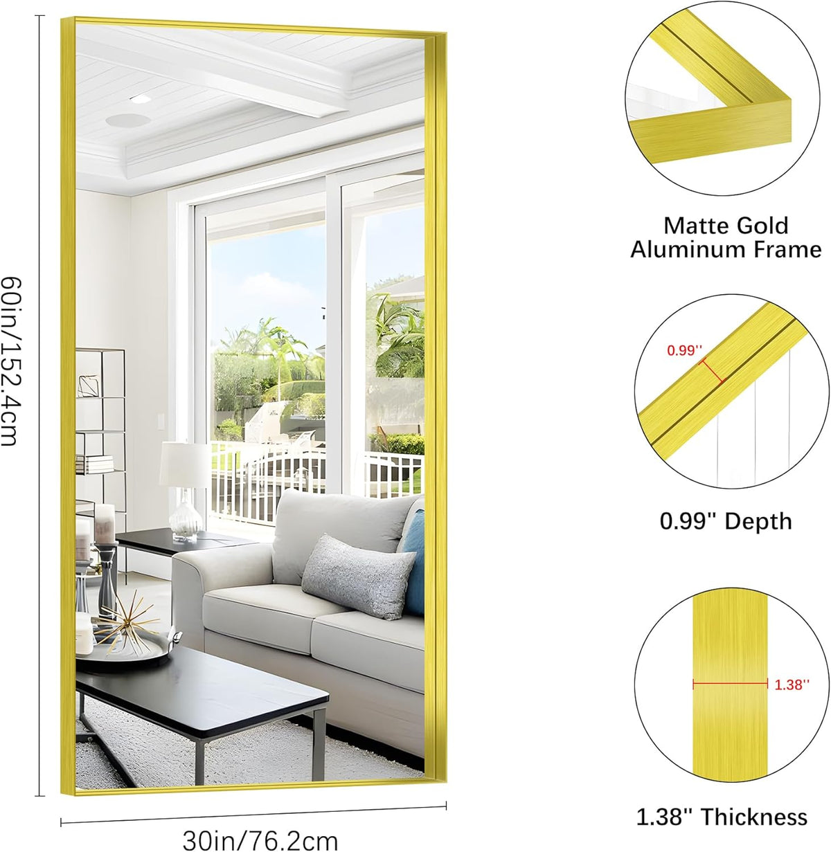 Gold Bathroom Mirror, 30x60 Inch Rectangular Deep Frame Mirror, Large Wall Mounted Bathroom Vanity Mirror Over Sink for Bedroom,Restroom, Living Room, Hangs Vertically or Horizontally