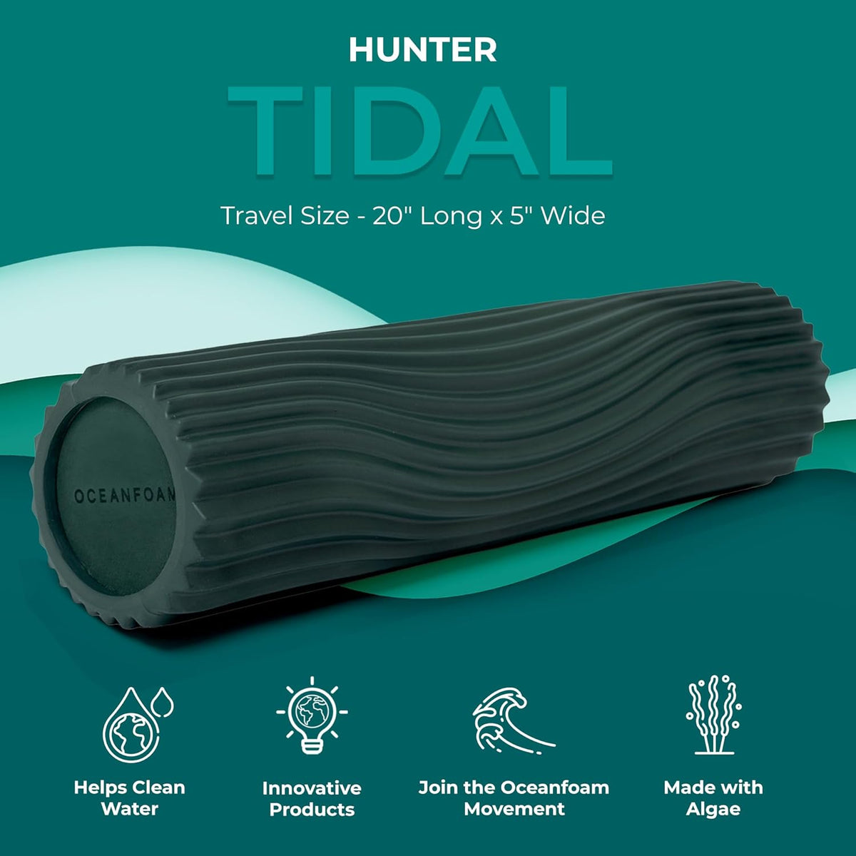 Oceanfoam Tidal Roller - Hunter - Muscle Massage Foam Roller for Back Pain & Stretching - Firm and Ergonomic Wide Wave Textured - Yoga, Athletics, & Wellness - Full Size, 20" x 5"