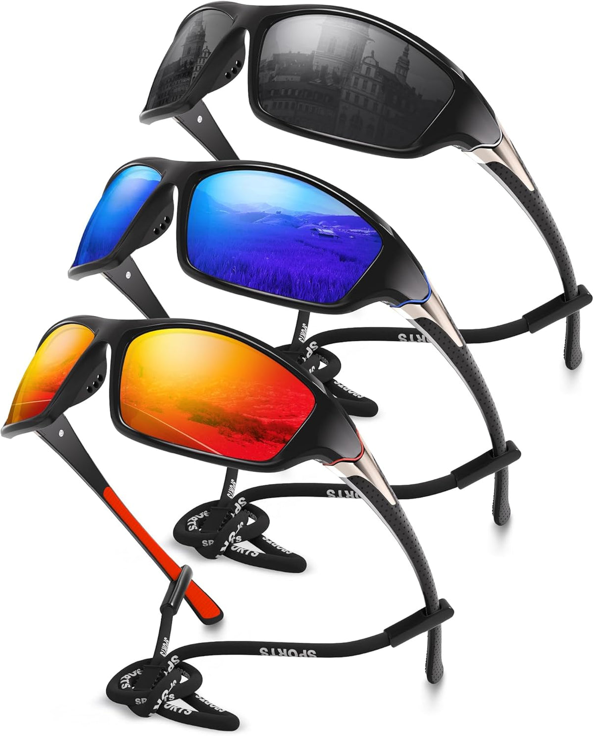 3 Pack Polarized Sports Sunglasses for Men, Mens Sunglasses Wrap Around UV400 Protection for Cycling Fishing Driving
