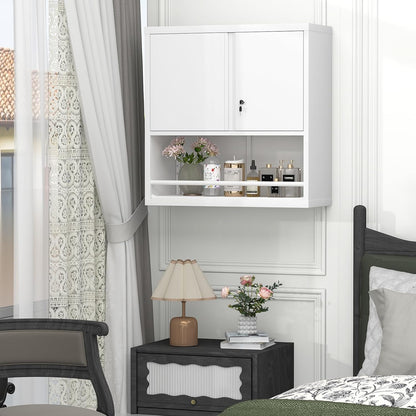 GREATMEET Locking Metal Garage Storage Cabinet with Doors and Shelves, 31" H Lockable Wall Cabinet Storage, White Steel Wall Mount Cabinet for Office