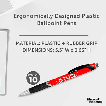 DISCOUNT PROMOS Ballpoint Pens With Rubber Grip - 10 pack - Customizable Text, Logo - Black Ink Ball Point Pen with Soft Touch Plastic - Red
