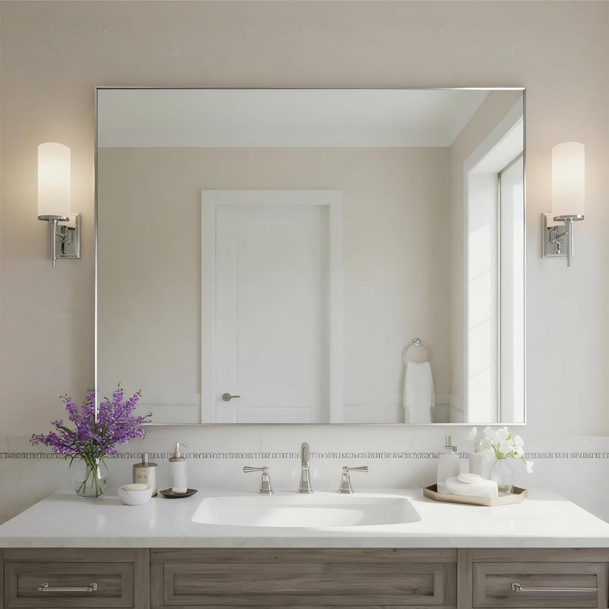 27x36 Inch Nickel Bathroom Mirror for Wall, Aluminum Frame Rectangle Rectangular Vanity Mirror, Modern Large for Bedroom, Living Room, Horizontal or Vertical