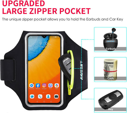Running Armband with Earphone Bag Cell Phone Armband for iPhone 16 15 Pro 14 Plus 13 11 XR XS, Galaxy S24/S10 Water Resistant Sports Phone Holder Case & Zipper Slot Car Key Holder for 6.7 inch Phone
