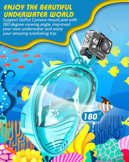 QingSong Kids Snorkel Mask Full Face, Snorkeling Set with Camera Mount, Foldable 180 Degree Panoramic View Snorkeling Gear Anti-Fog Anti-Leak