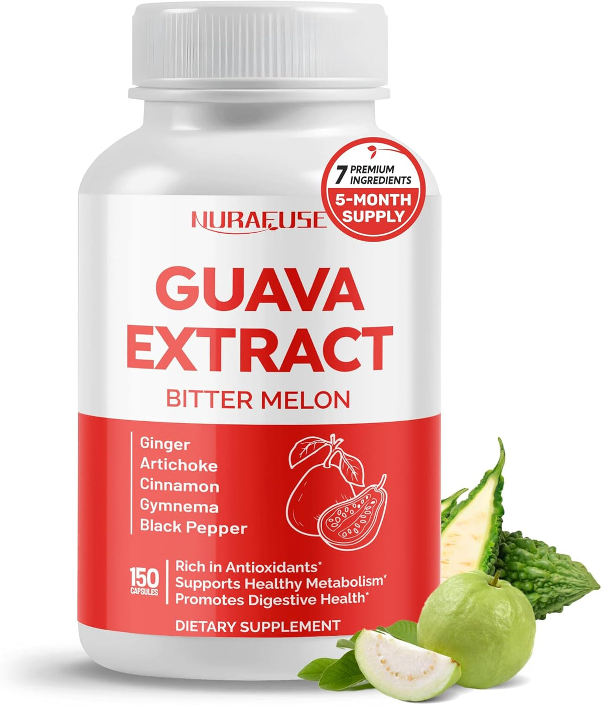 Guava Extract & Bitter Melon – Rich in Antioxidants, Supports Healthy Metabolism & Digestive Health – with Ginger, Artichoke, Cinnamon, Gymnema & Black Pepper – 150 Capsules