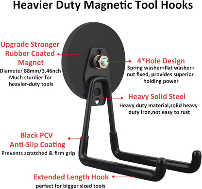 ULIBERMAGNET Strong Magnetic Ultimate Hooks,Large Magnet with Hooks for Heavy Duty Tools,Jig Saw,Hose, 2 Pack Heavy Duty Magnetic Hooks for Hammer Drill,Circular Saw,Garden Tool(3.46inch/Black)