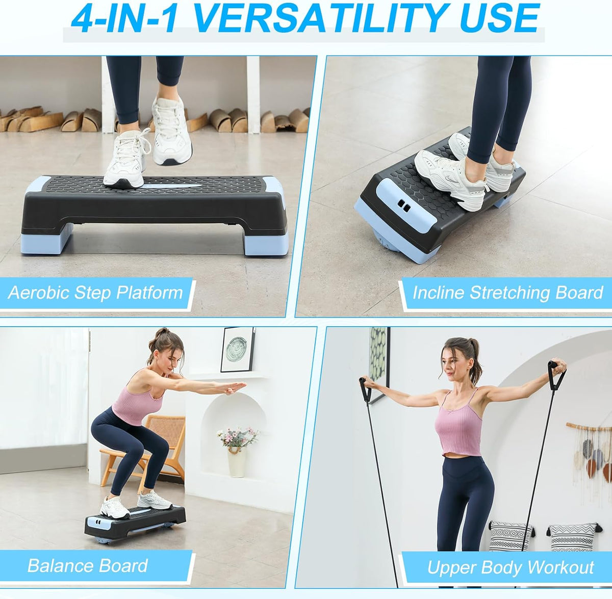 4-in-1 Adjustable Aerobic Step Platform (4"/6") - Workout Stepper with Resistance Bands, Non-Slip Balance Board - Home Gym Equipment for Step Training, Cardio, Pilates & Physical Therapy