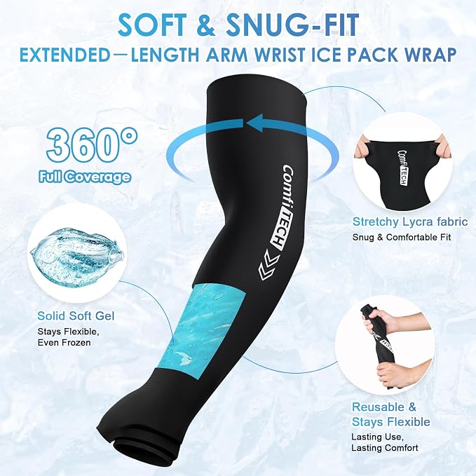 ComfiTECH Full Arm Wrist Ice Pack Wrap, Tennis Cold Sleeve, M, 2P | Flexible Extended Elbow Ice Sleeve for Pitchers, Golfers Players, Reusable Cold Brace for Muscle Comfort, Throwing Recovery
