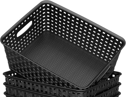WYT Woven Storage Organizer Basket, 6-Pack Black Plastic Weave Baskets, 10.1 x 7.55 x 4.1