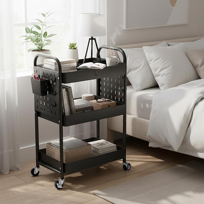 danpinera Craft Cart, Black Rolling Cart with Retractable Dividers & DIY Pegboards for Kitchen, Bedroom, Laundry