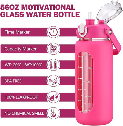 56oz Glass Water Bottles with Straw, Motivational Glass Bottle with Silicone Sleeve and Time Marker, Leakproof Large Glass Water Jug for Gym Home Office,Rose red